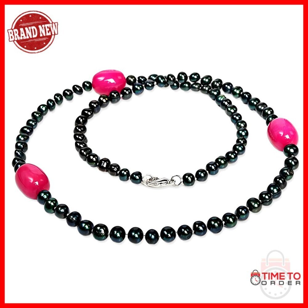 30-Inch Freshwater Pearl and Agate Necklace with Silver Beads